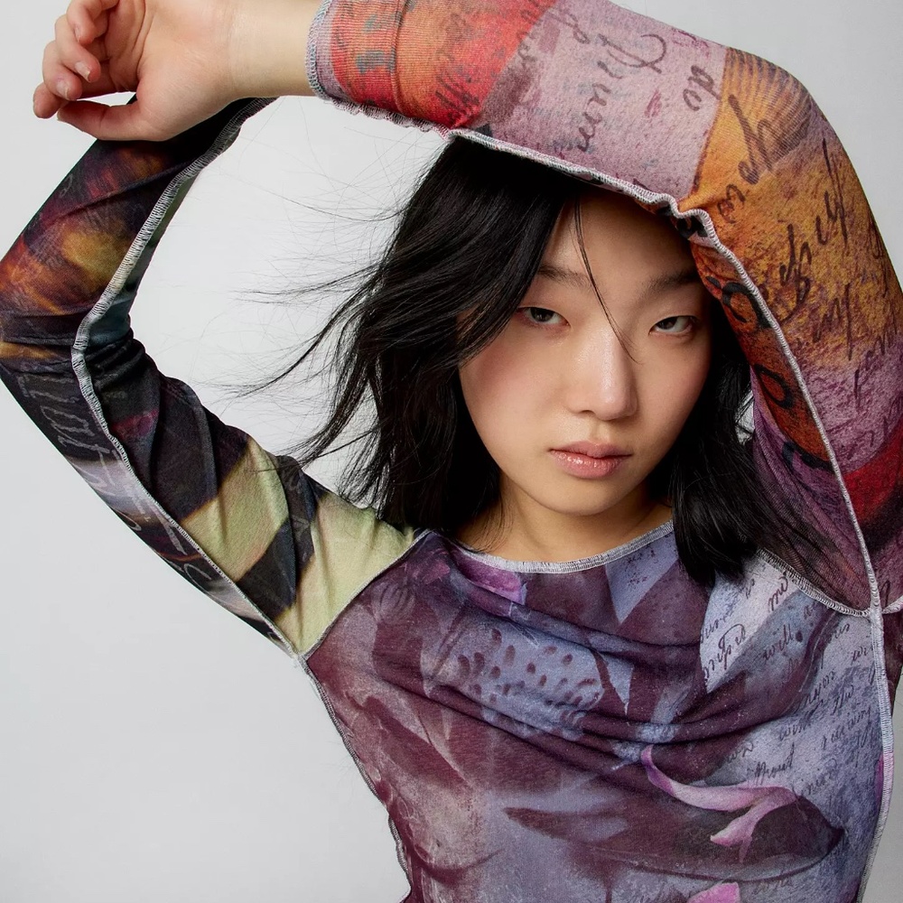 Urban Outfitters Floral Mesh Long Sleeve Tee (Size S)